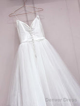 Long Prom Dress Simple White Tulle With Satin V-Neckline Tea Length Wedding Dress, Simple White Party Dress